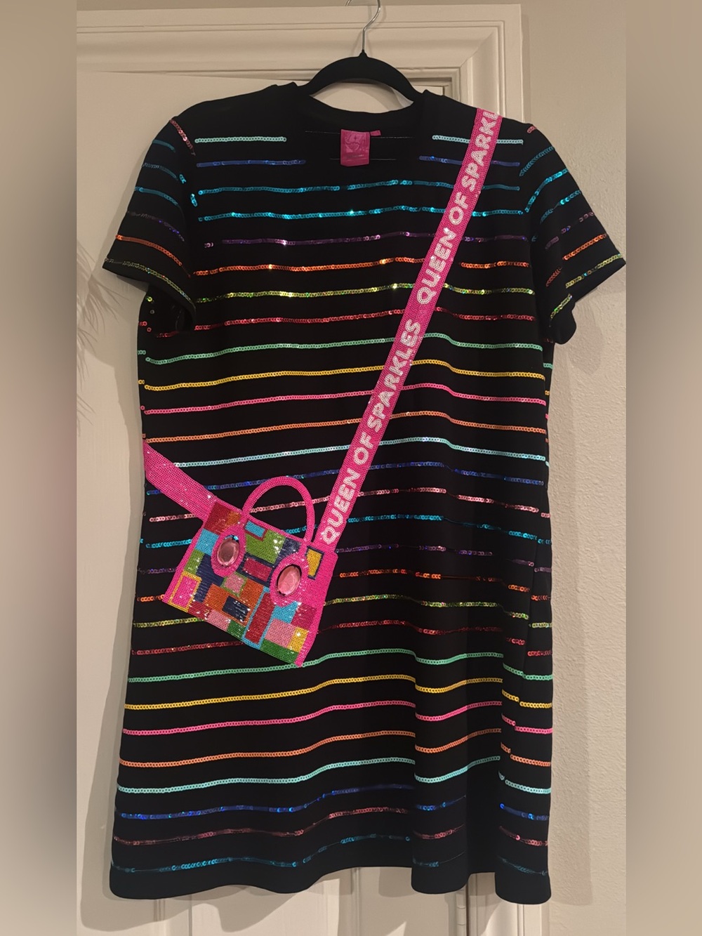 Black Sequin Stripe Dress with Rainbow Stripes & Pink Sequin Crossbody Graphic
